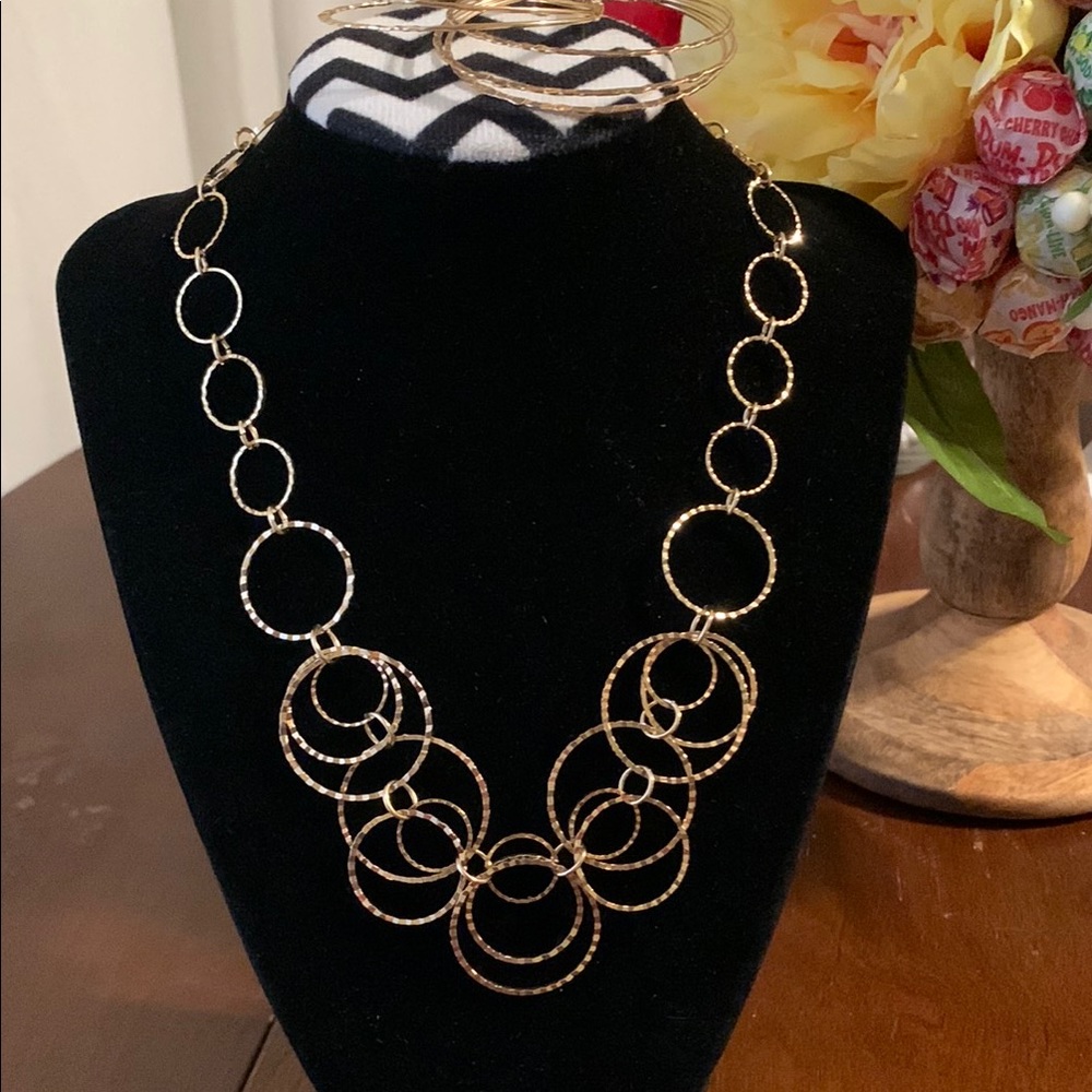 Gold Cascading Circle Necklace and hoop earrings Modern Jewelry Set